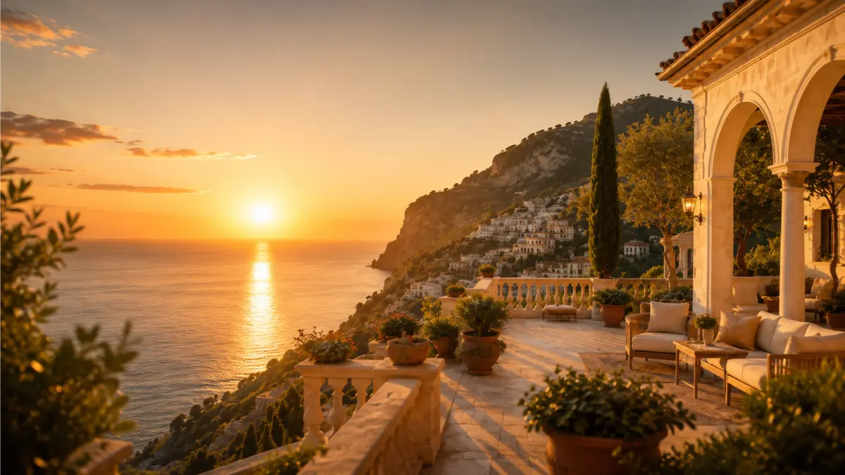 Villa terrace overlooking the Mediterranean at sunset
