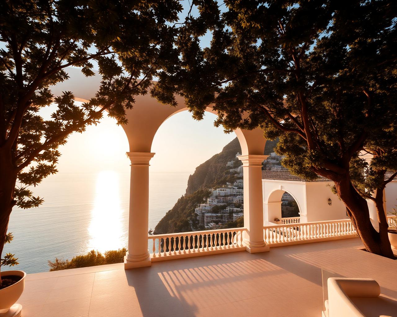 White villa with arches overlooking the Amalfi coast at golden hour