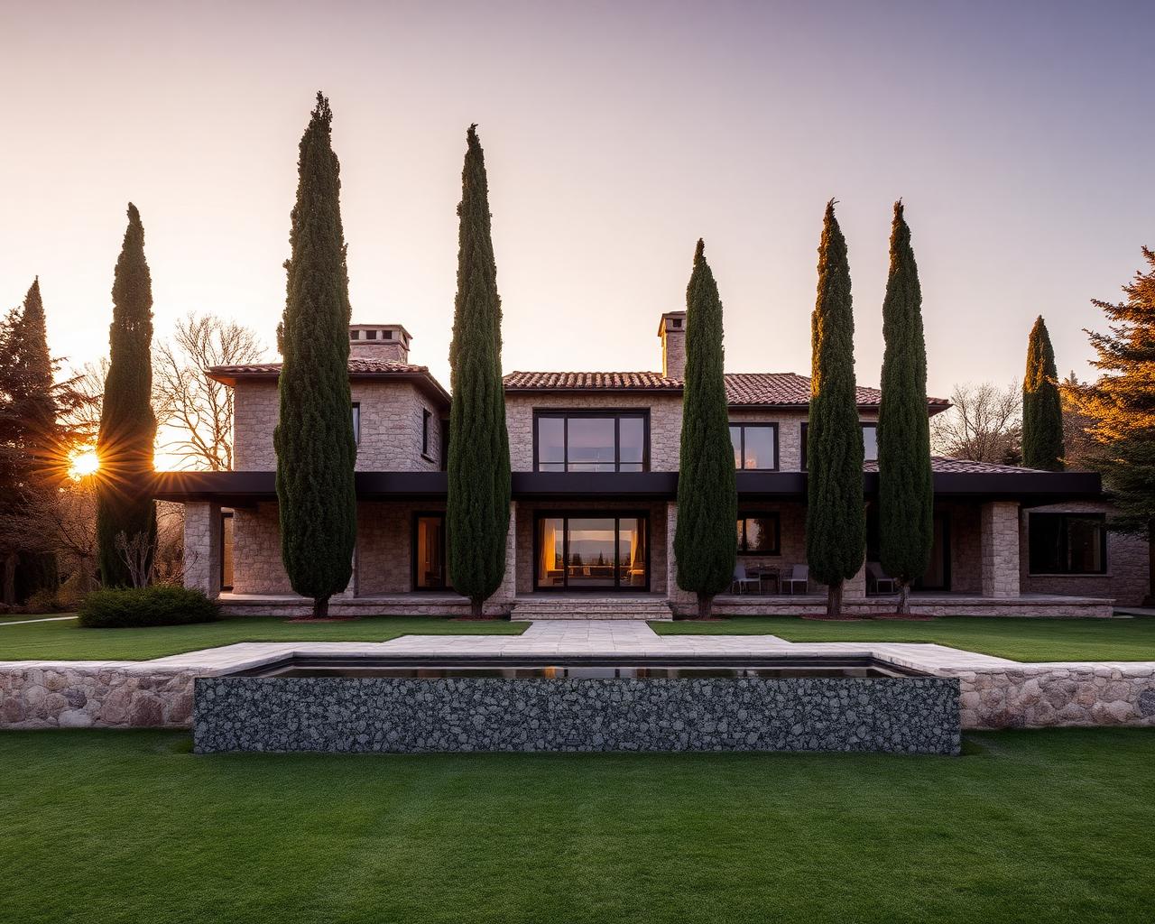 Modernist Tuscan stone villa with cypress trees at golden hour